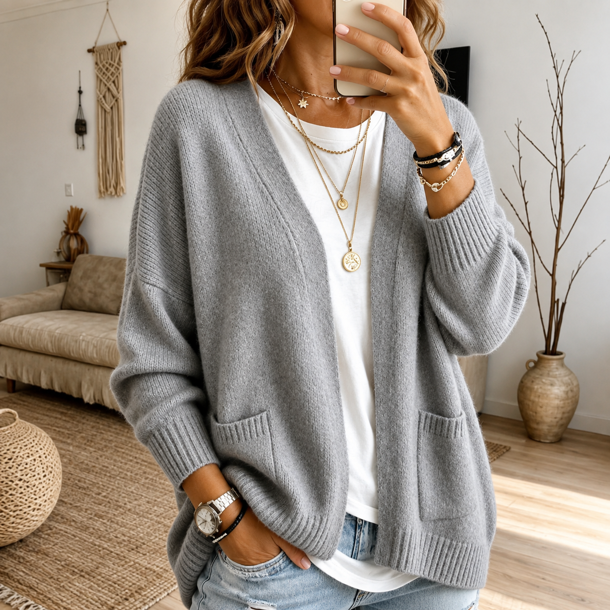 Oversized Open-Front Women's Cardigan with Pockets