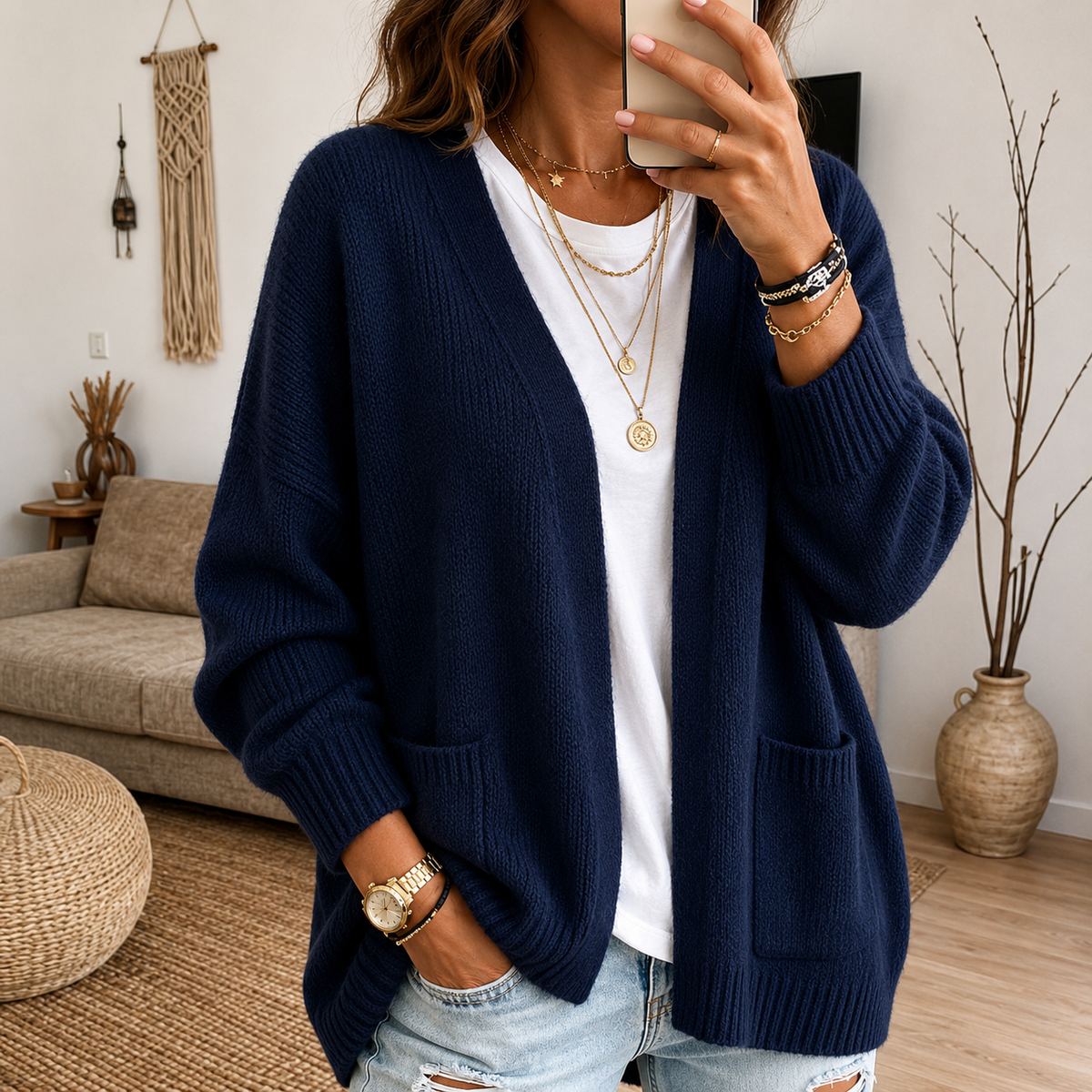Oversized Open-Front Women's Cardigan with Pockets