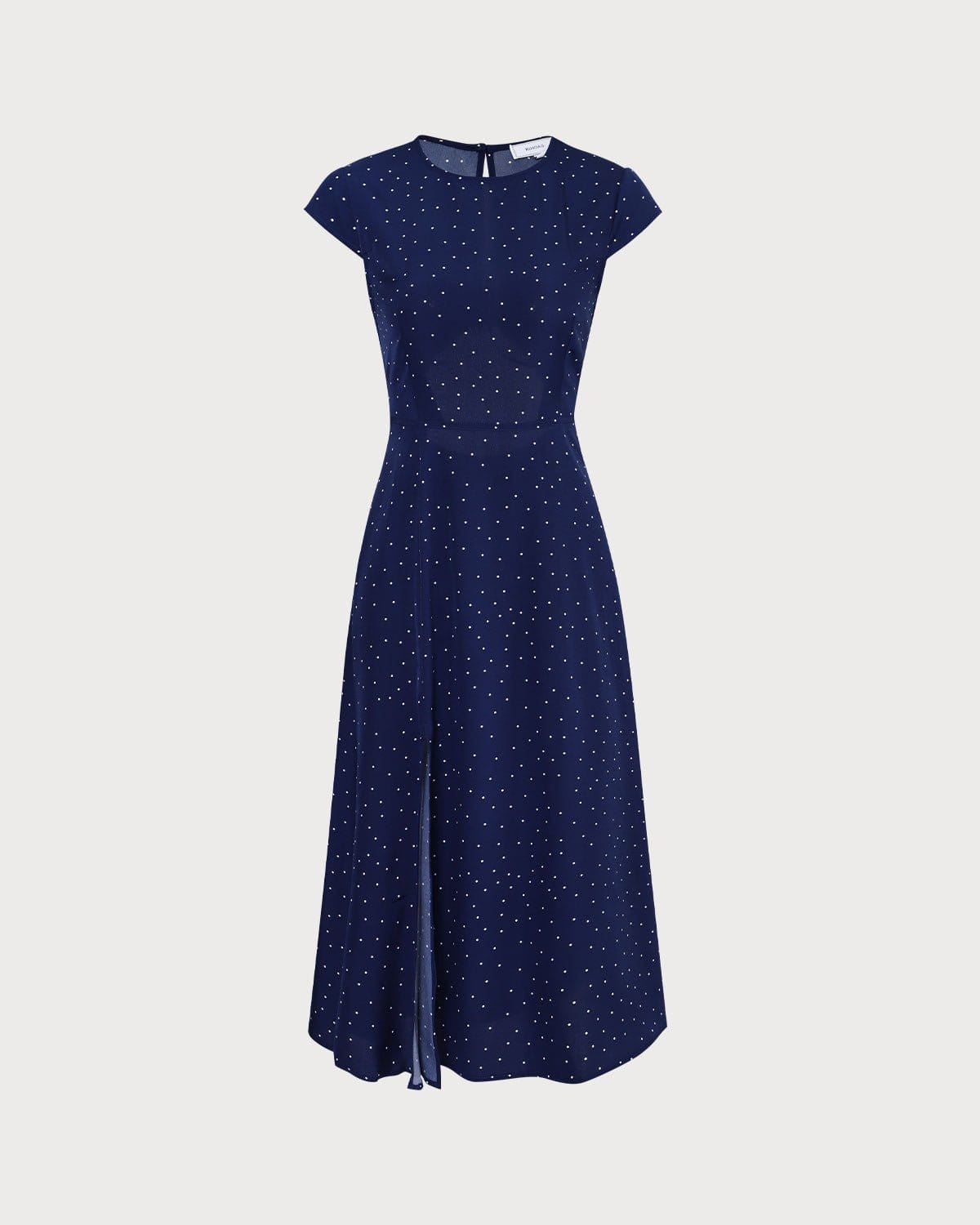 Navy Round Neck Polka Dot Cutout Midi Dress