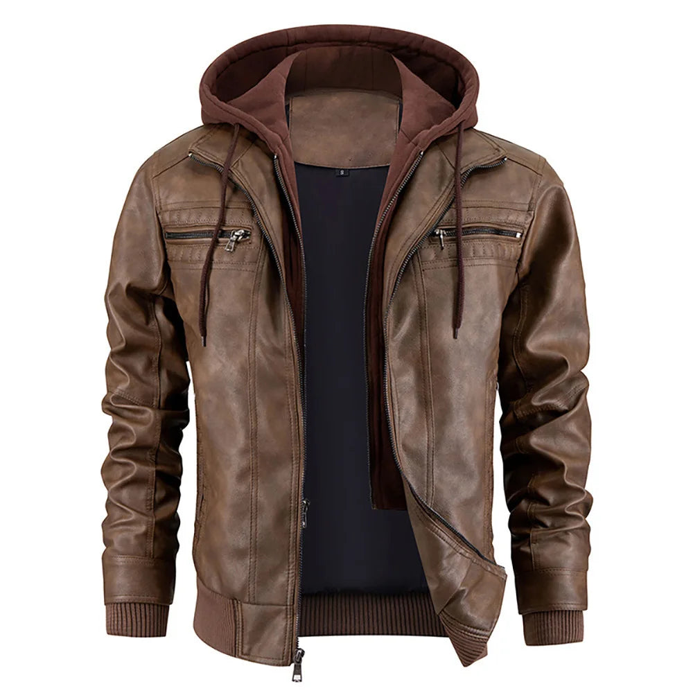 Men's Slim-Fit Leather Coat with Hood