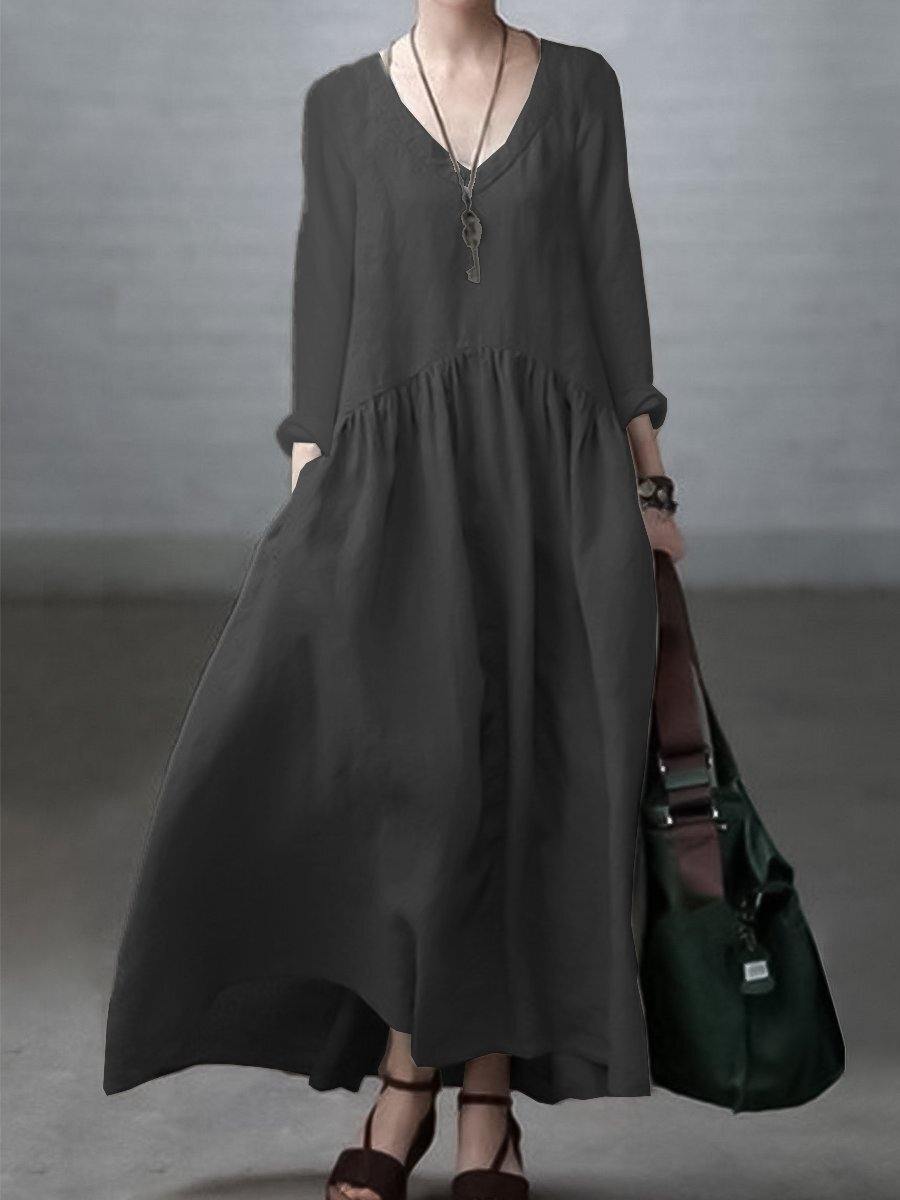 Loose V-Neck Cotton Linen Maxi Dress