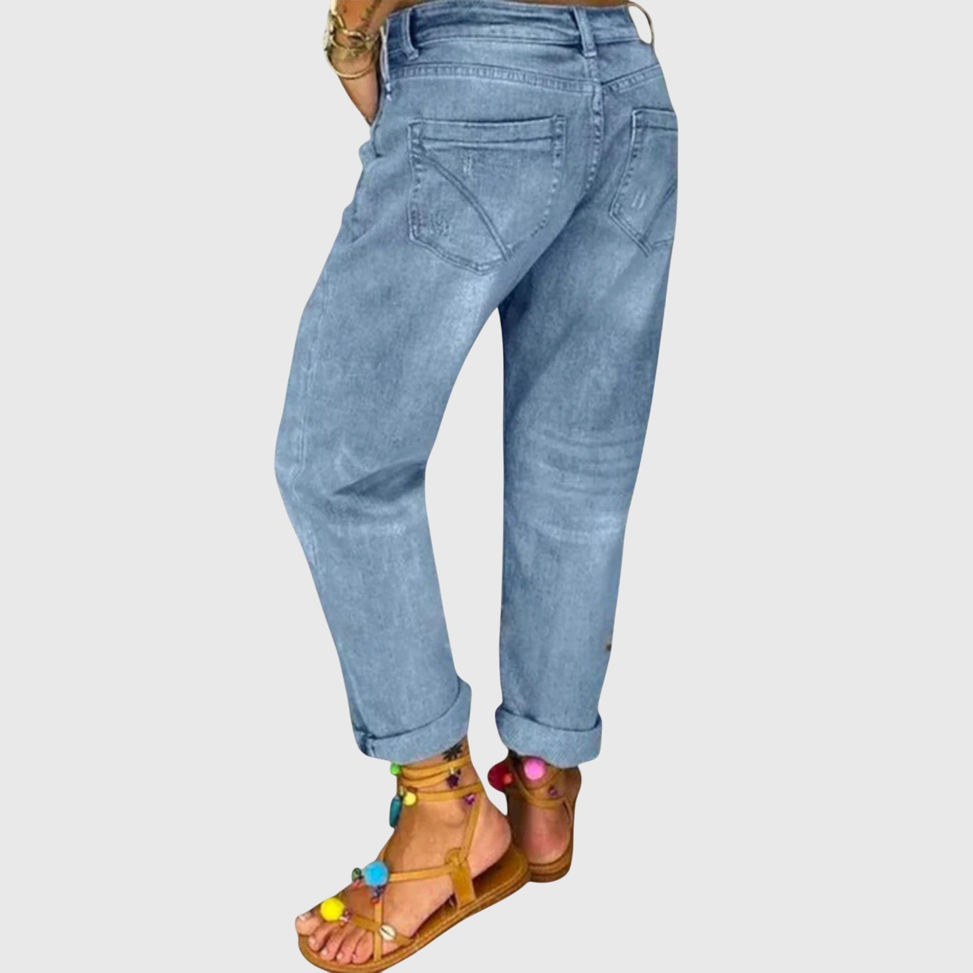 Women's High-Waisted Light Blue Distressed Mom Jeans with Buttons