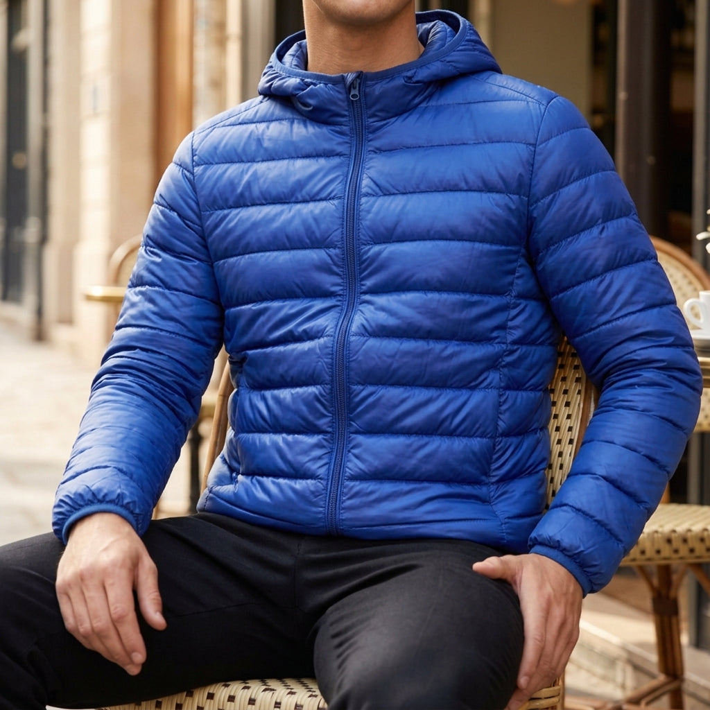 Men’s Puffer Jacket Elegant Quilted Hooded Cotton-Blend