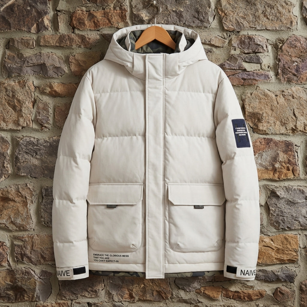 Men’s Puffer Jacket Elegant Nylon-Blend Hooded
