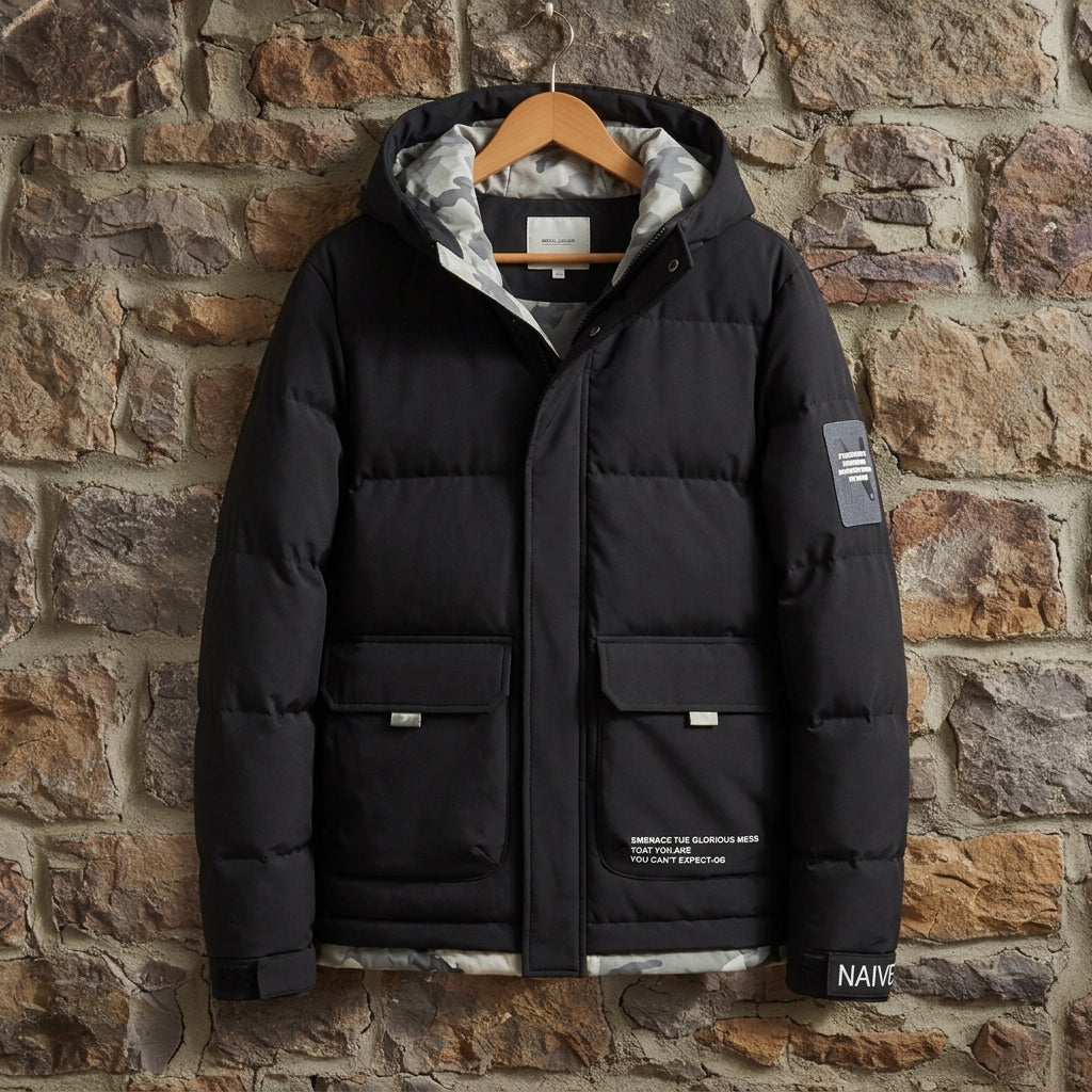 Men’s Puffer Jacket Elegant Nylon-Blend Hooded