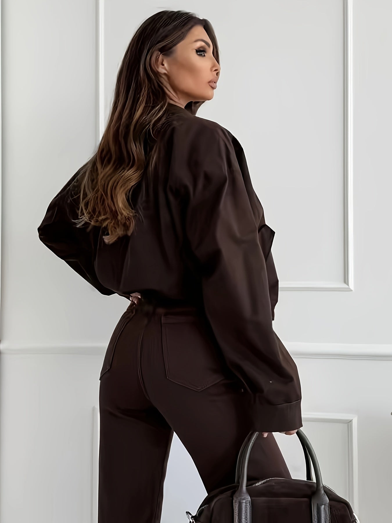 High-Waisted Flared Pants in Brown Leather-Look Fabric