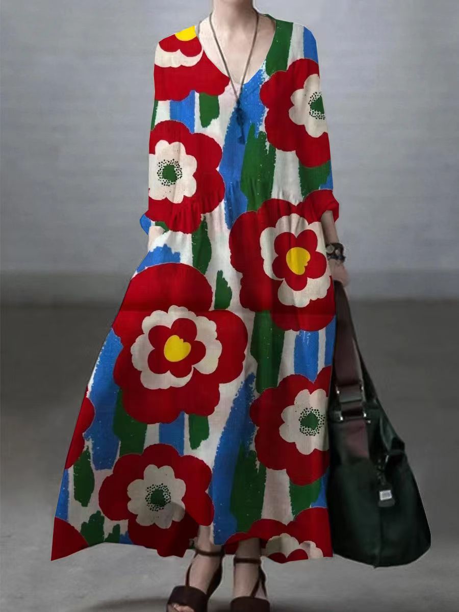 Loose V-Neck Cotton Linen Maxi Dress