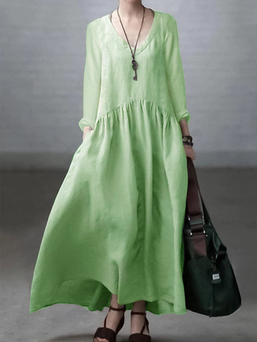 Loose V-Neck Cotton Linen Maxi Dress
