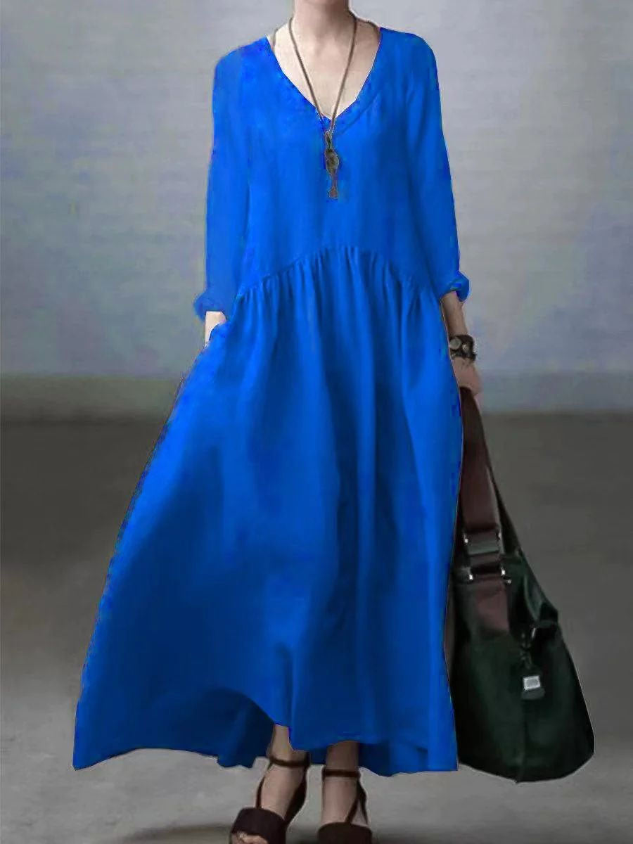 Loose V-Neck Cotton Linen Maxi Dress