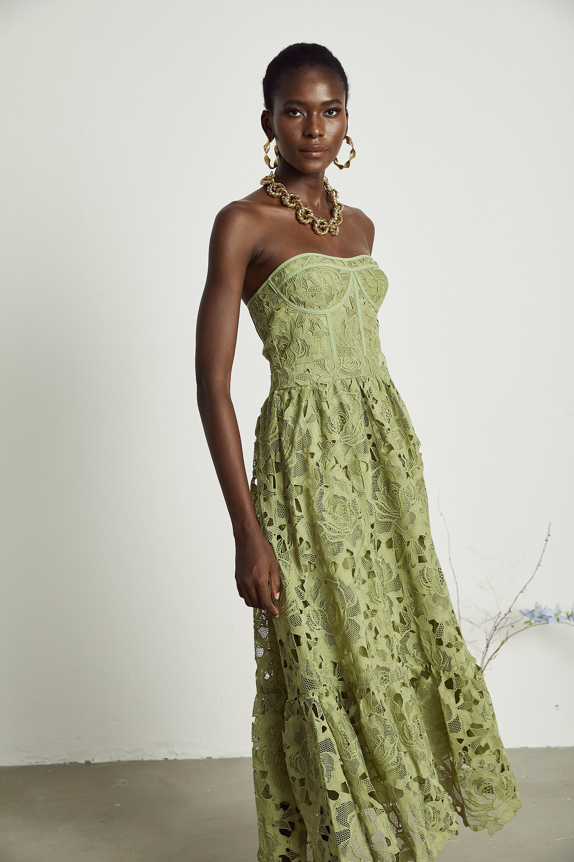 Elegant Green Embroidered Formal Midi Dress
