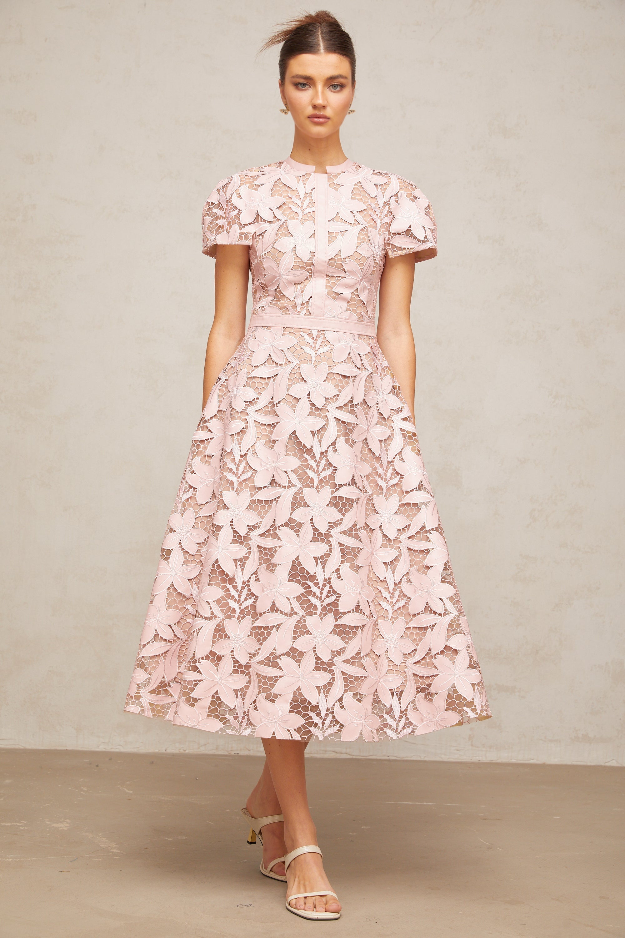 Chic Pink Lace Floral Occasion Midi Dress