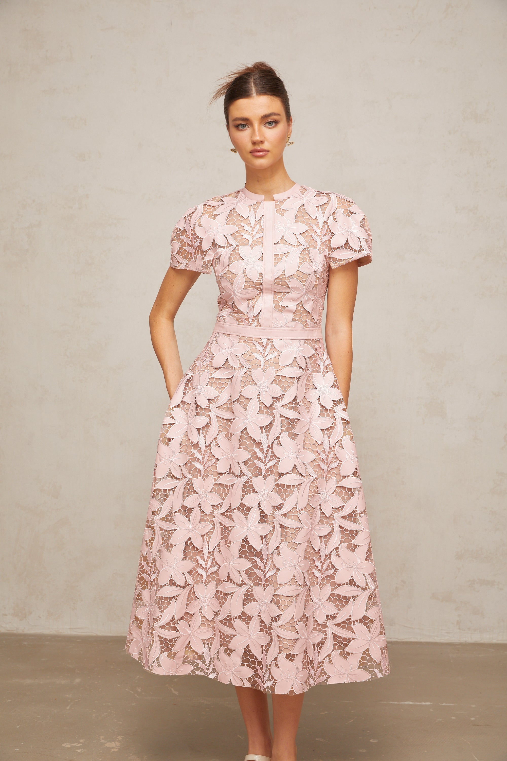 Chic Pink Lace Floral Occasion Midi Dress