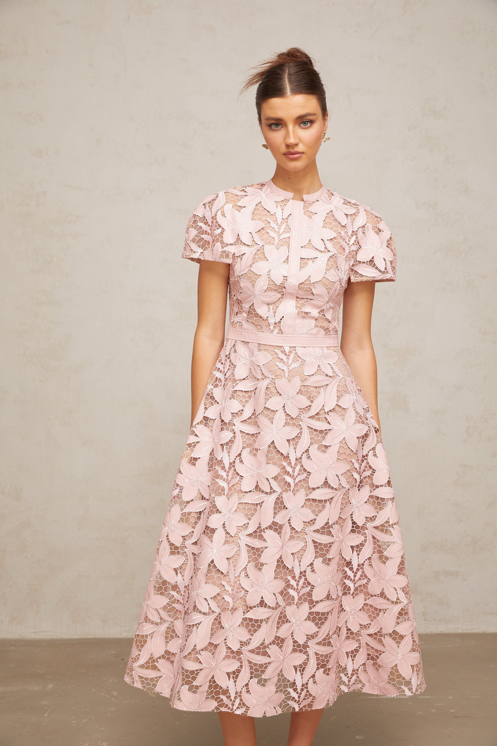 Chic Pink Lace Floral Occasion Midi Dress