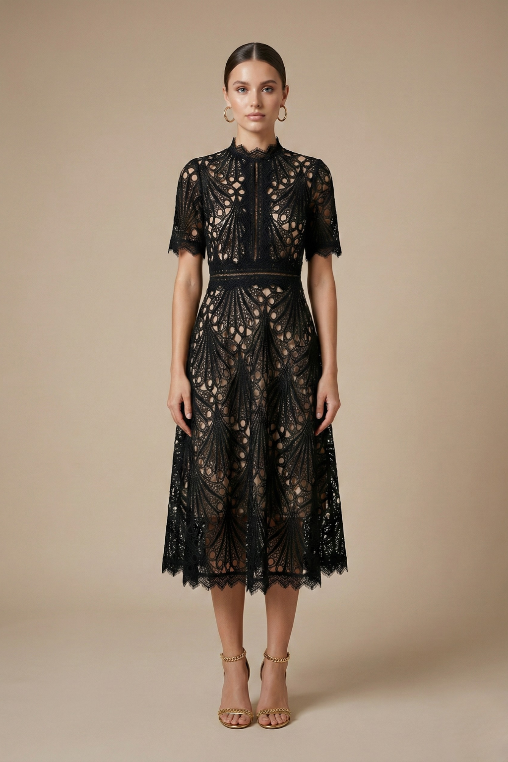 Elegant Midi Lace Dress – High Neck Silhouette