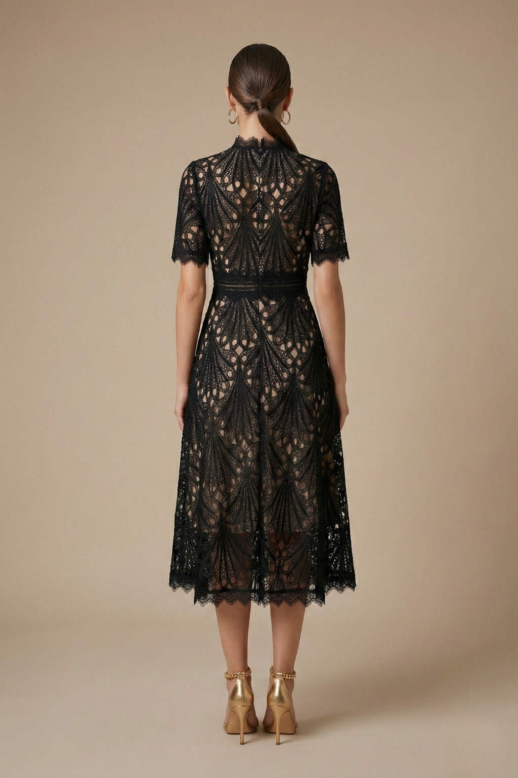 Elegant Midi Lace Dress – High Neck Silhouette