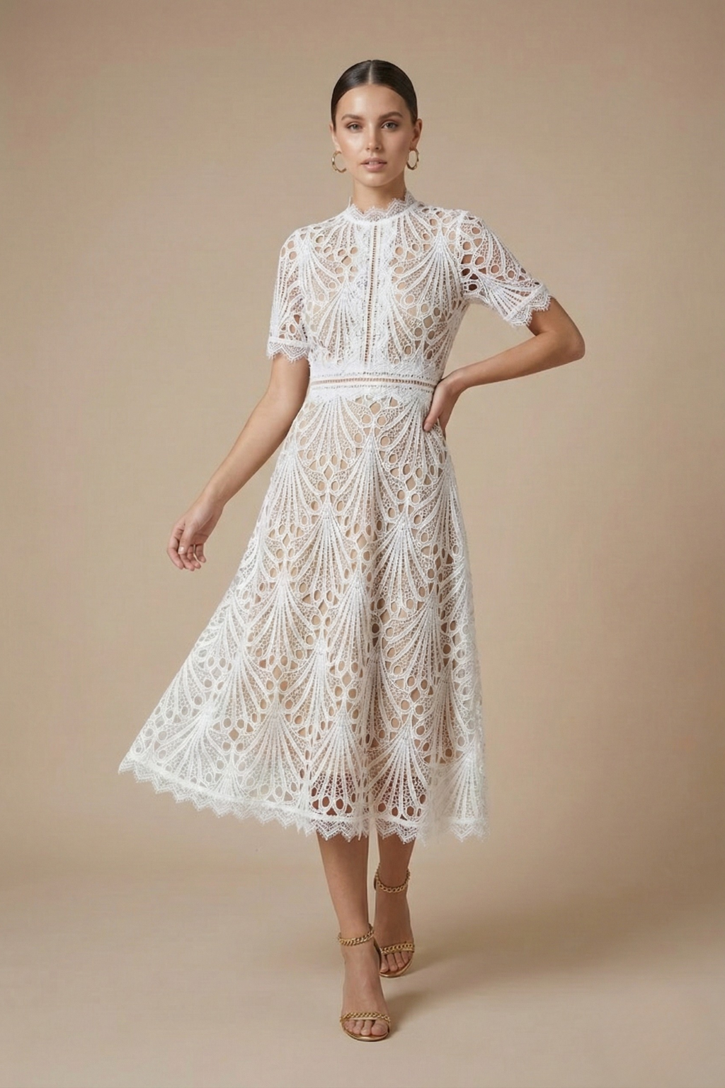 Elegant Midi Lace Dress – High Neck Silhouette