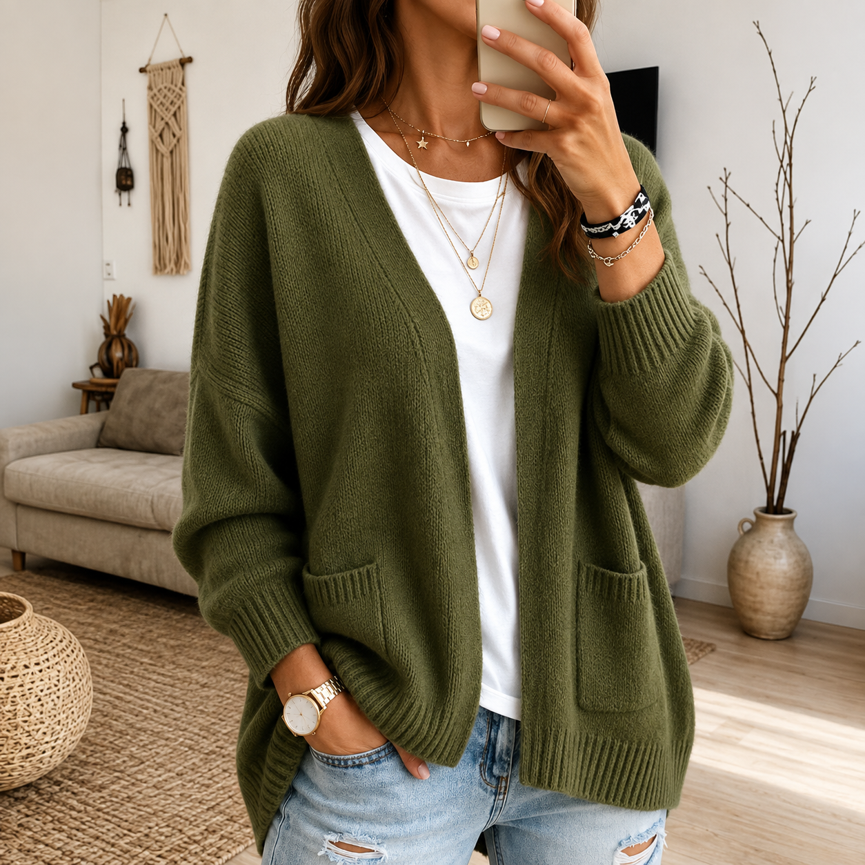 Oversized Open-Front Women's Cardigan with Pockets