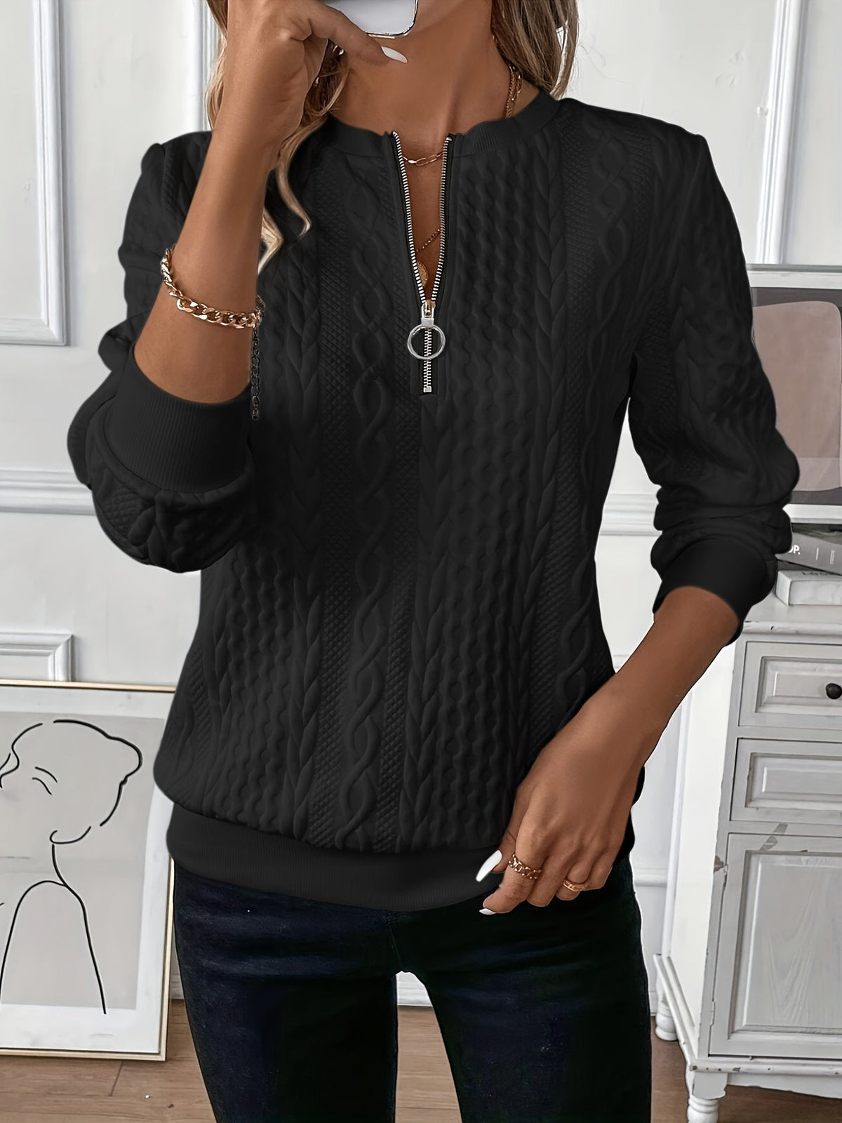 Women's High-Neck Cable-Knit Sweater with Half-Zip
