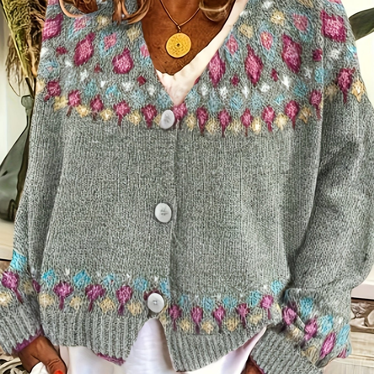 Women's Cardigan with Nordic Pattern, Buttons, and V-Neck