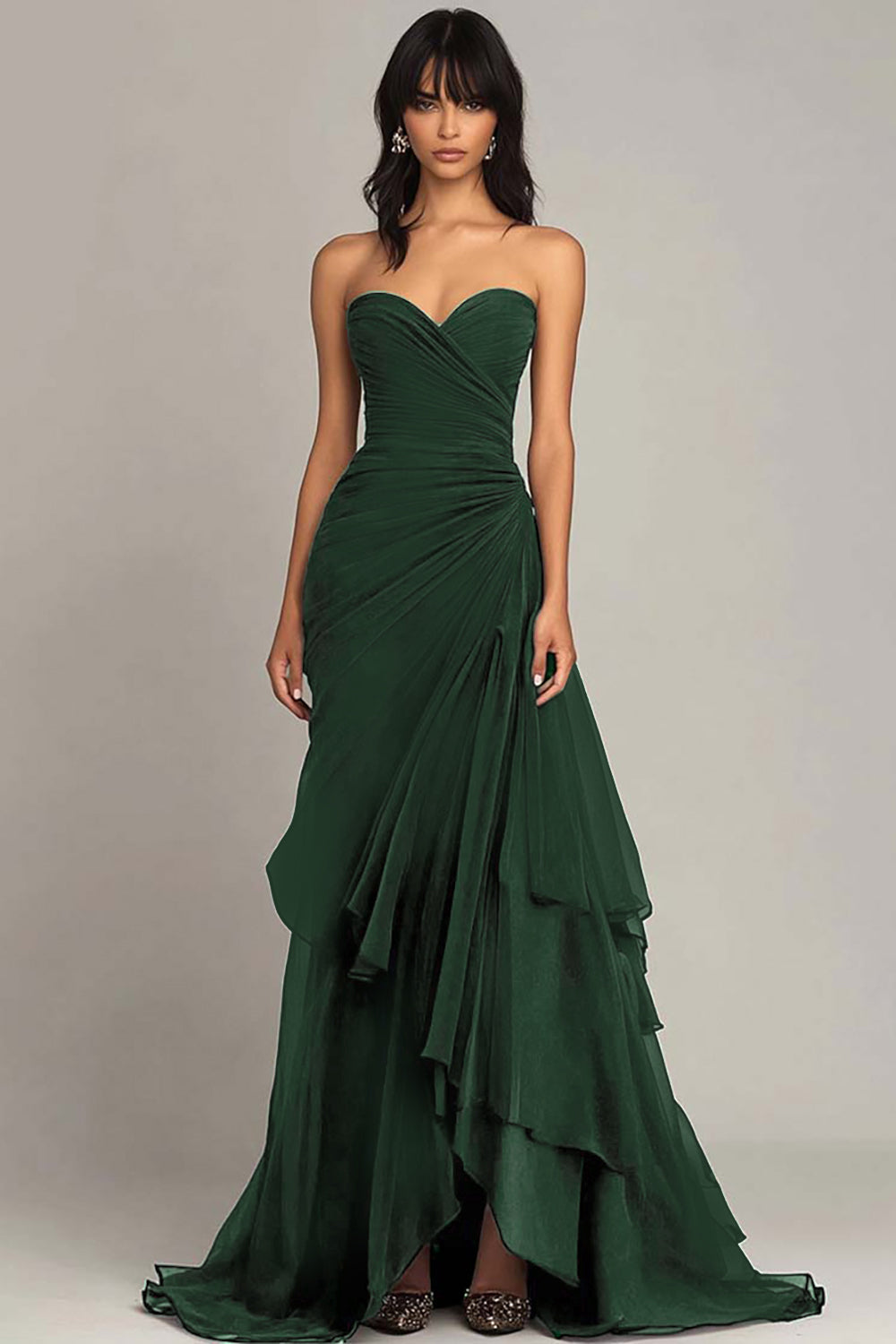 Elegant Dark Green Ruffled Evening Maxi Dress