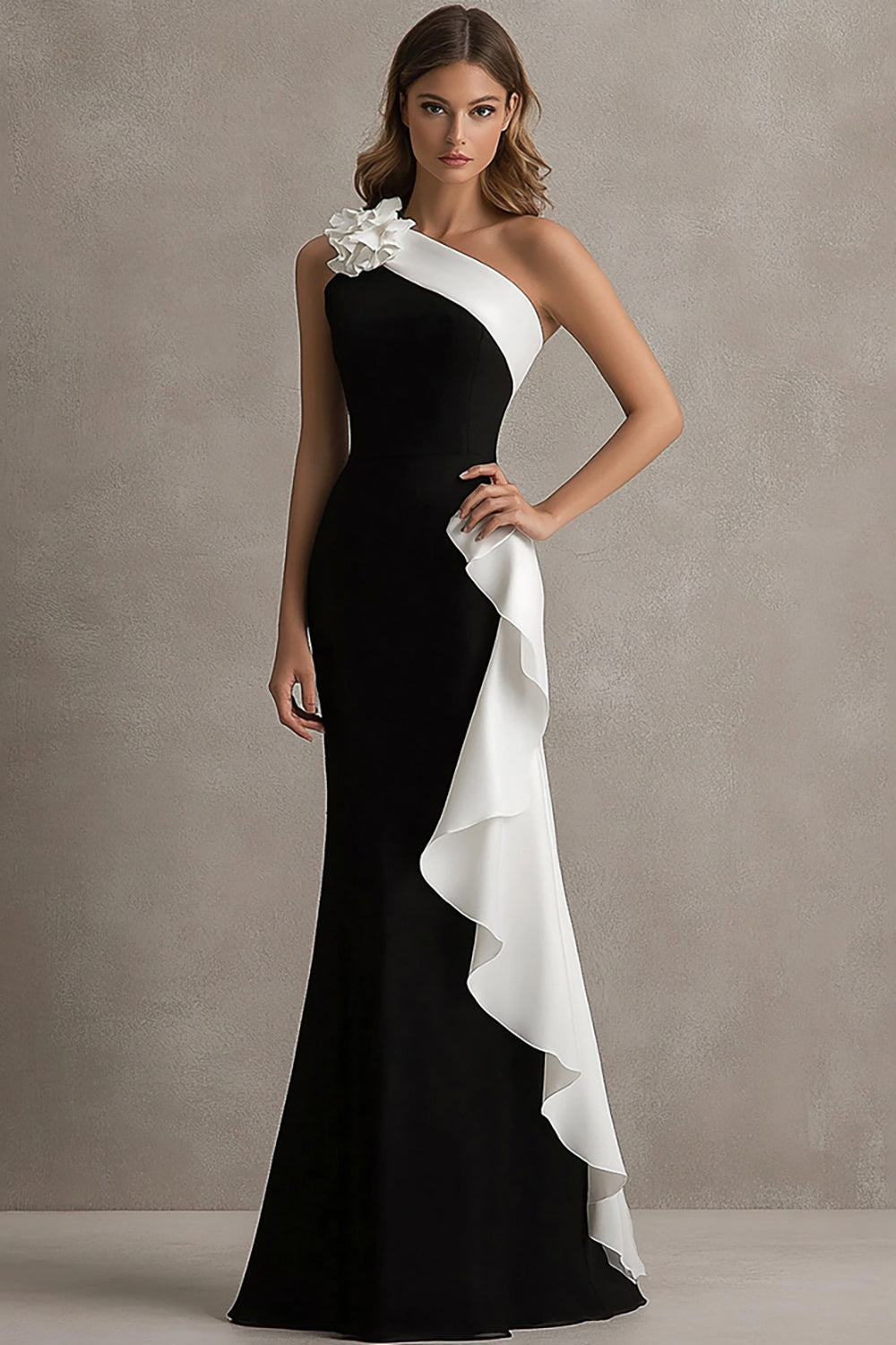 Long Black Tie Dress – One Shoulder Floral Design