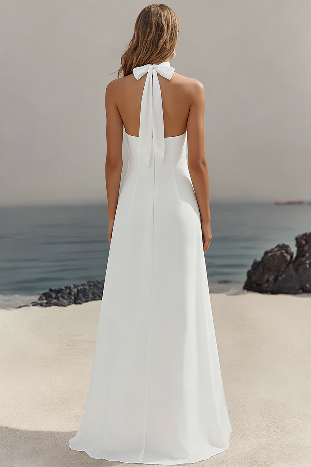 White Chiffon A-Line Halter Maxi Dress