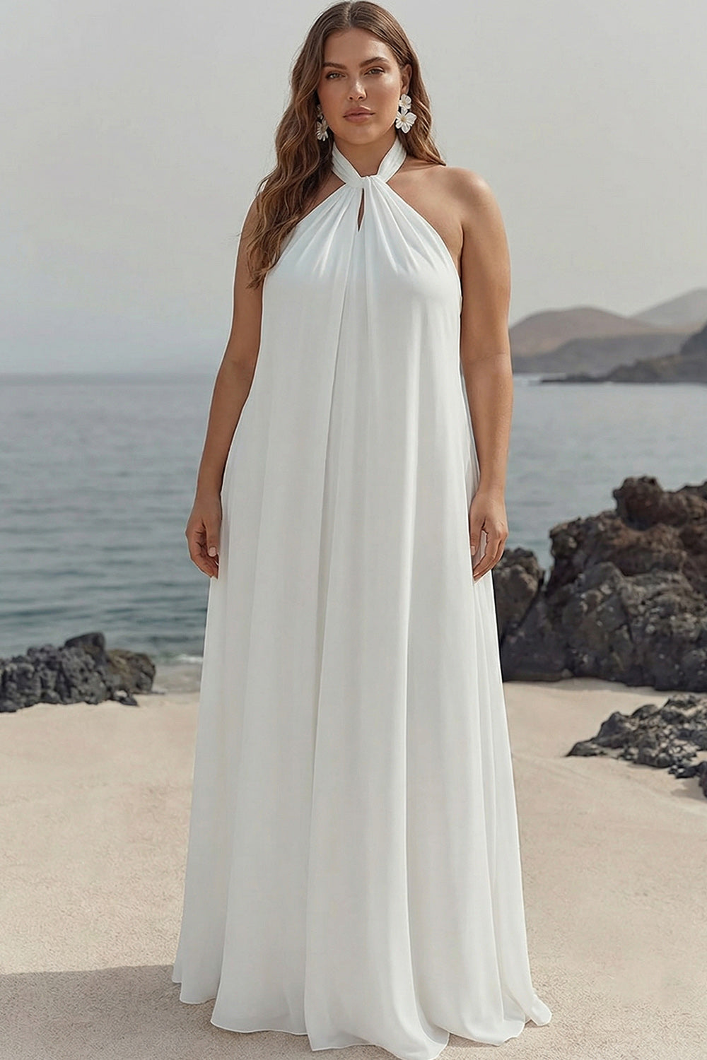 White Chiffon A-Line Halter Maxi Dress