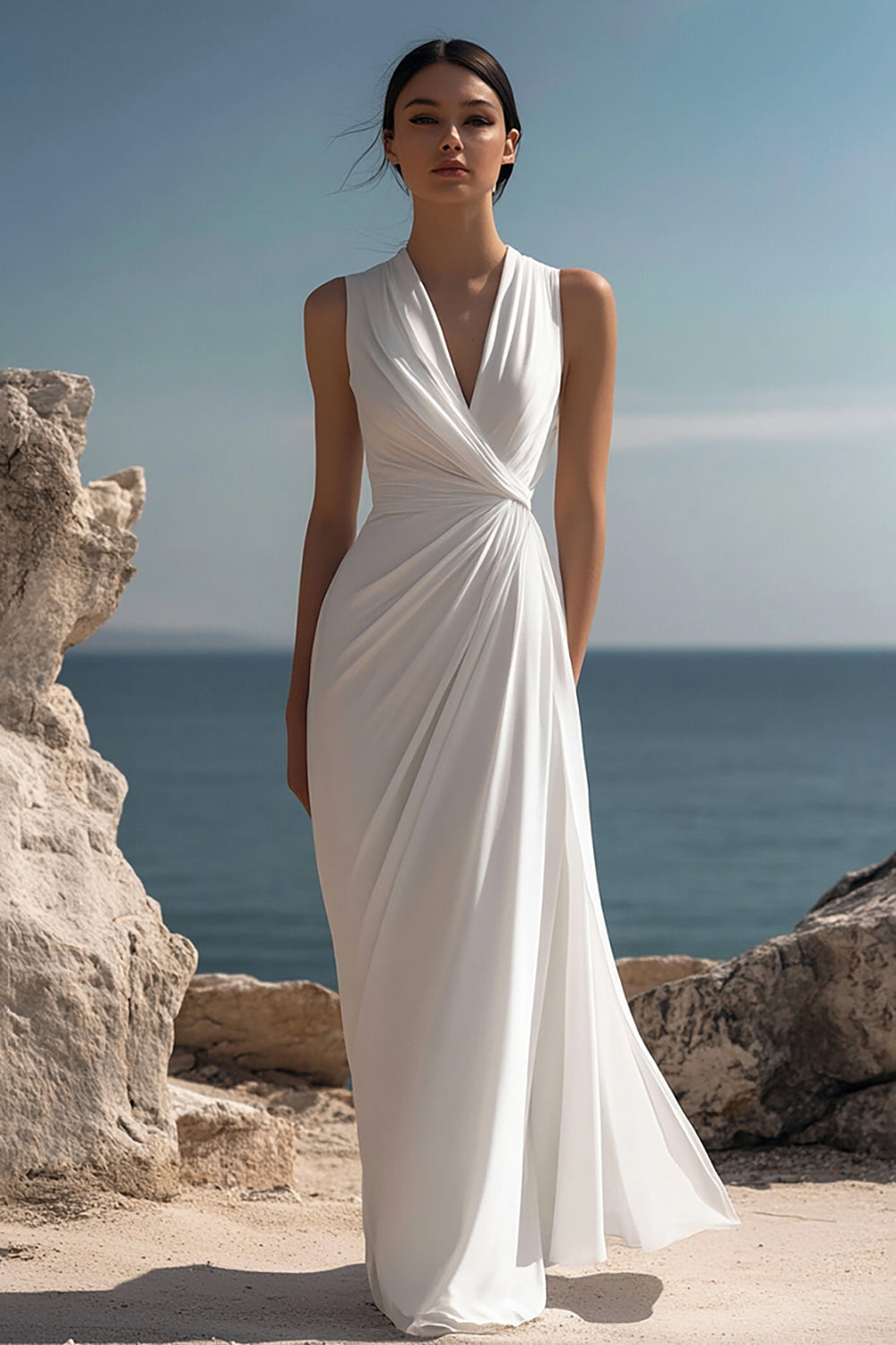 White Chiffon Ruched Sheath Maxi Dress