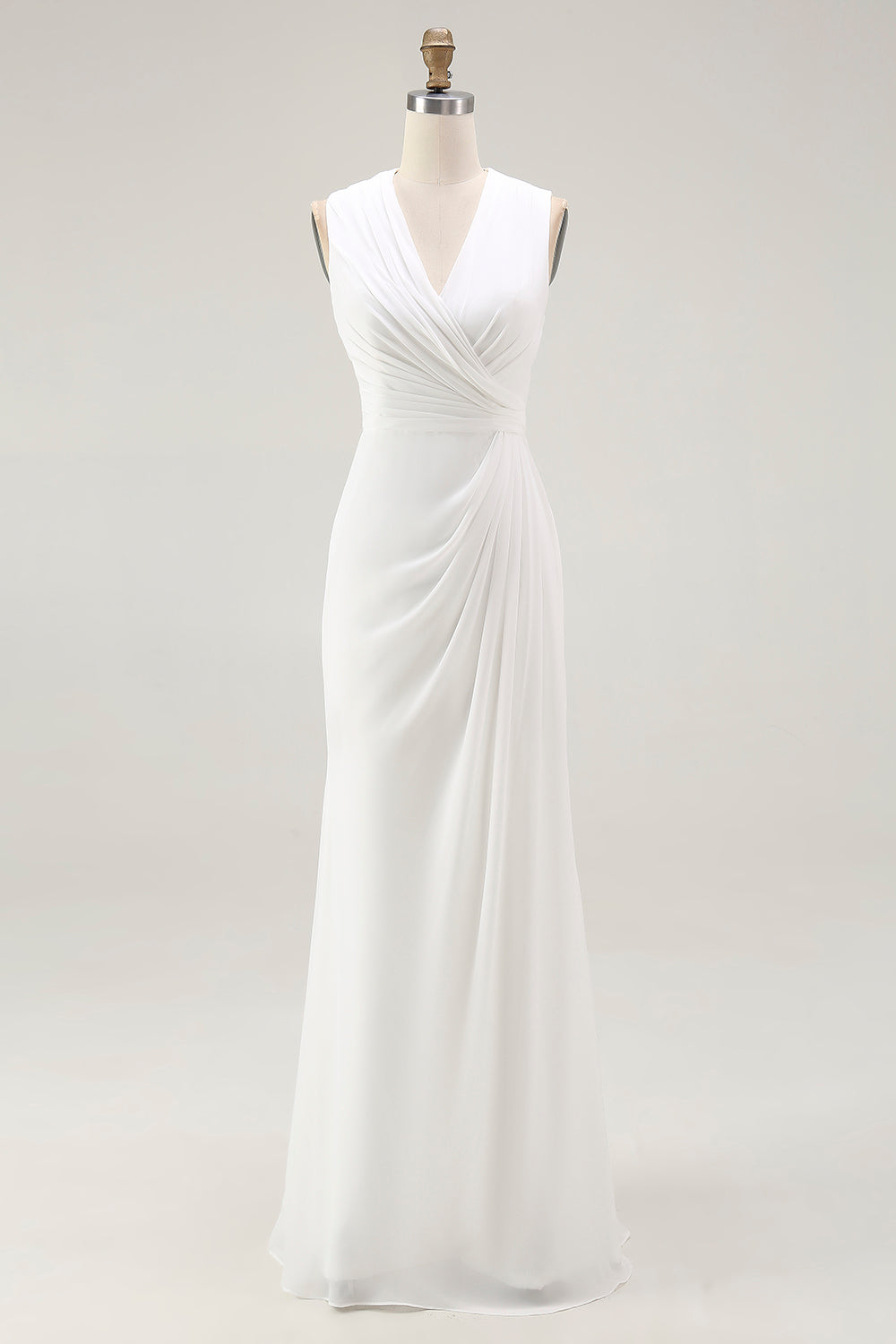 White Chiffon Ruched Sheath Maxi Dress