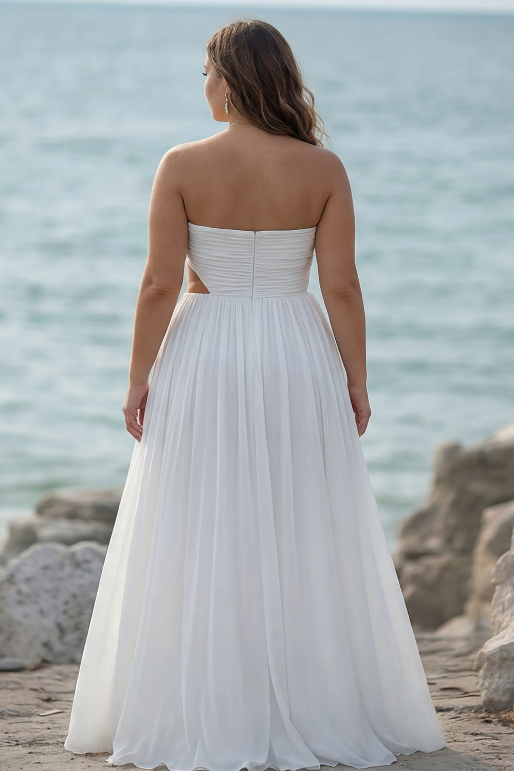 White Chiffon Strapless Pleated Maxi Dress