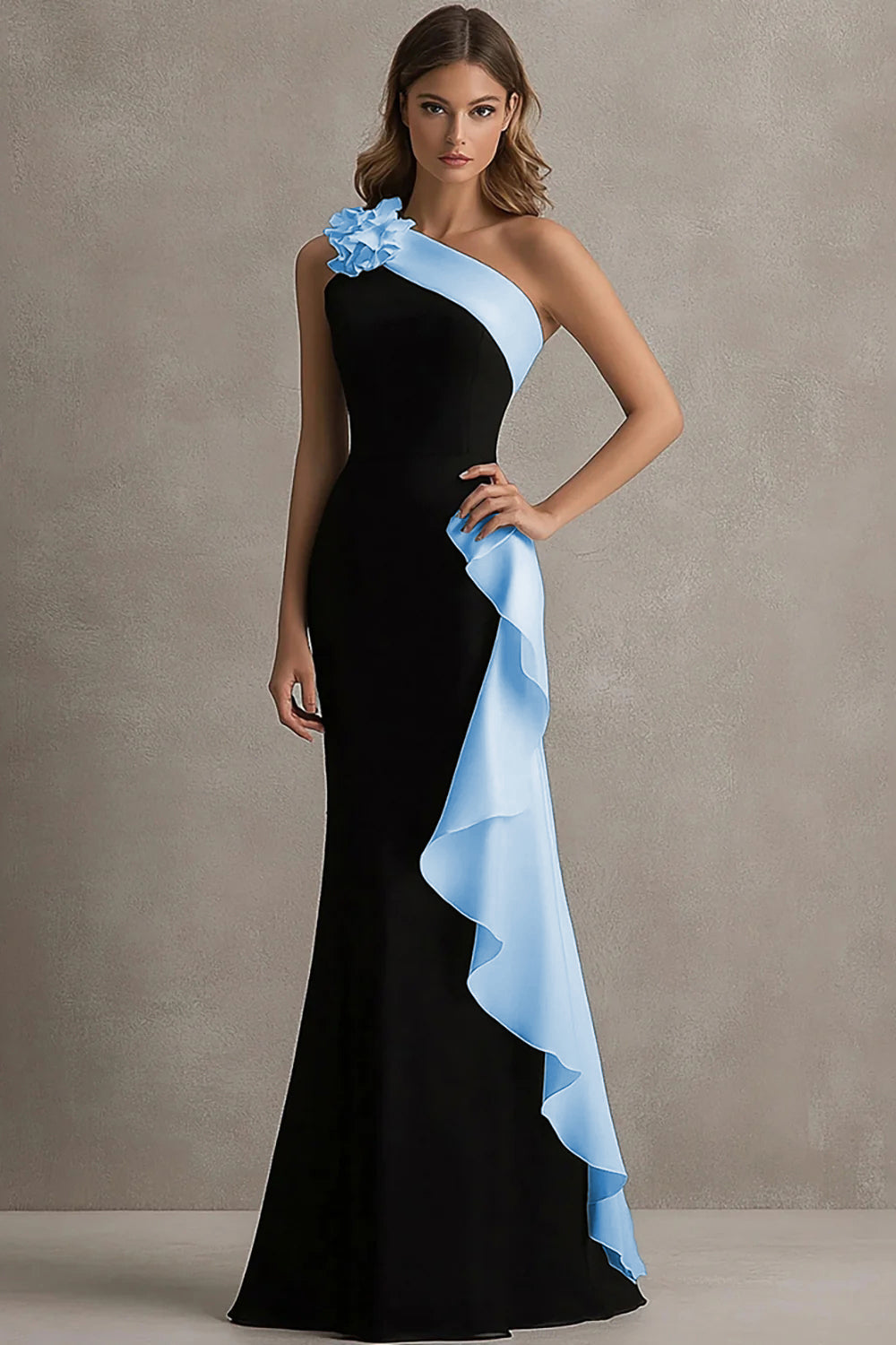 Long Black Tie Dress – One Shoulder Floral Design