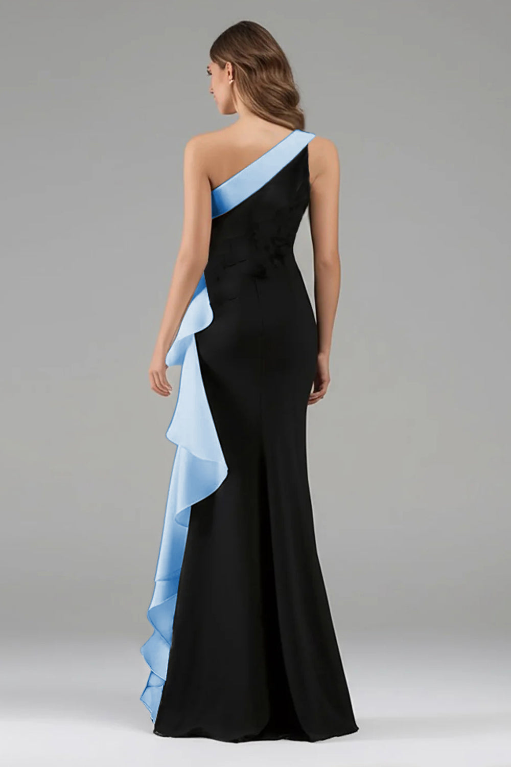 Long Black Tie Dress – One Shoulder Floral Design