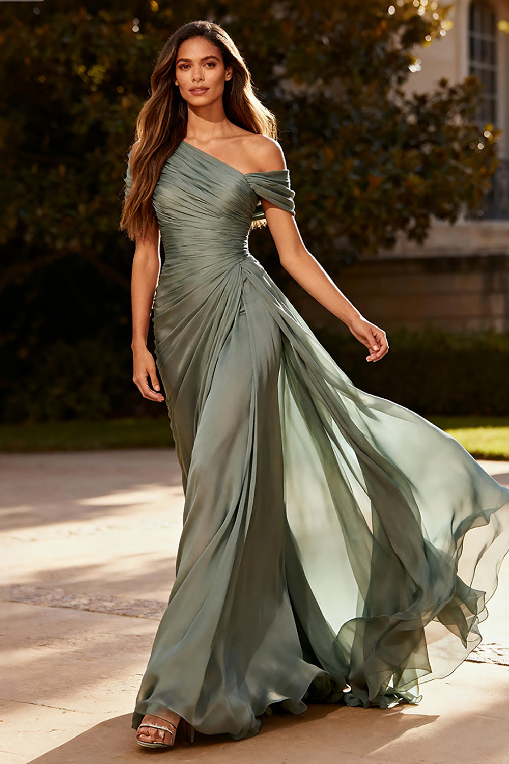 Dusty Sage Chiffon A-Line Formal Maxi Dress