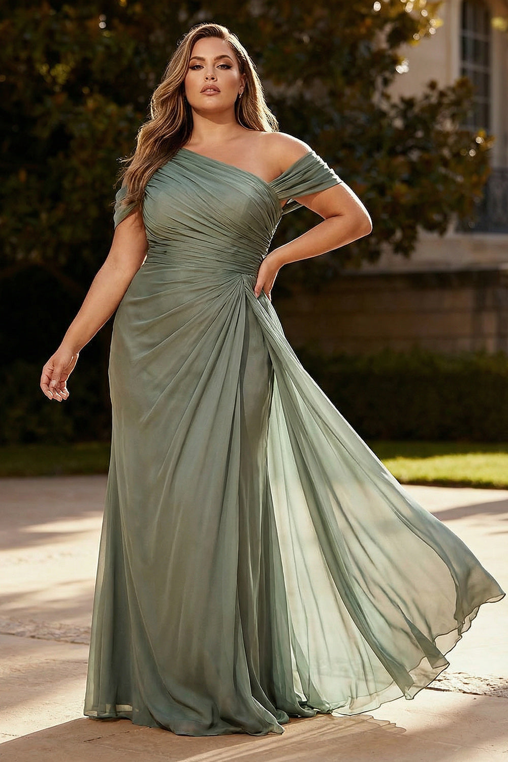 Dusty Sage Chiffon A-Line Formal Maxi Dress
