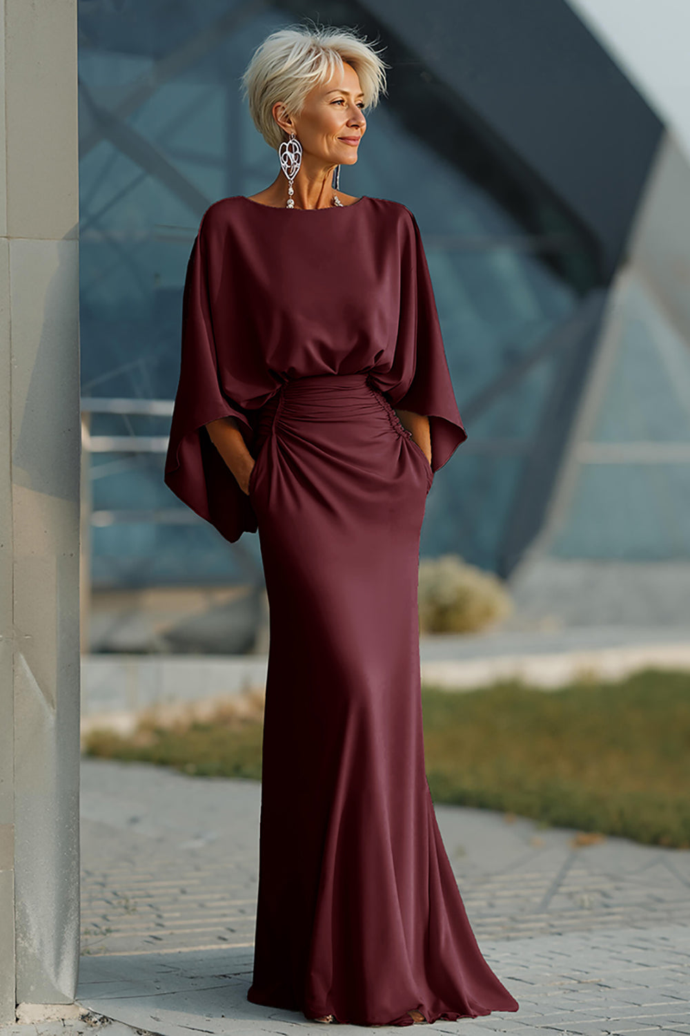 Silver Boat Neck Mermaid Formal Dress with Pockets