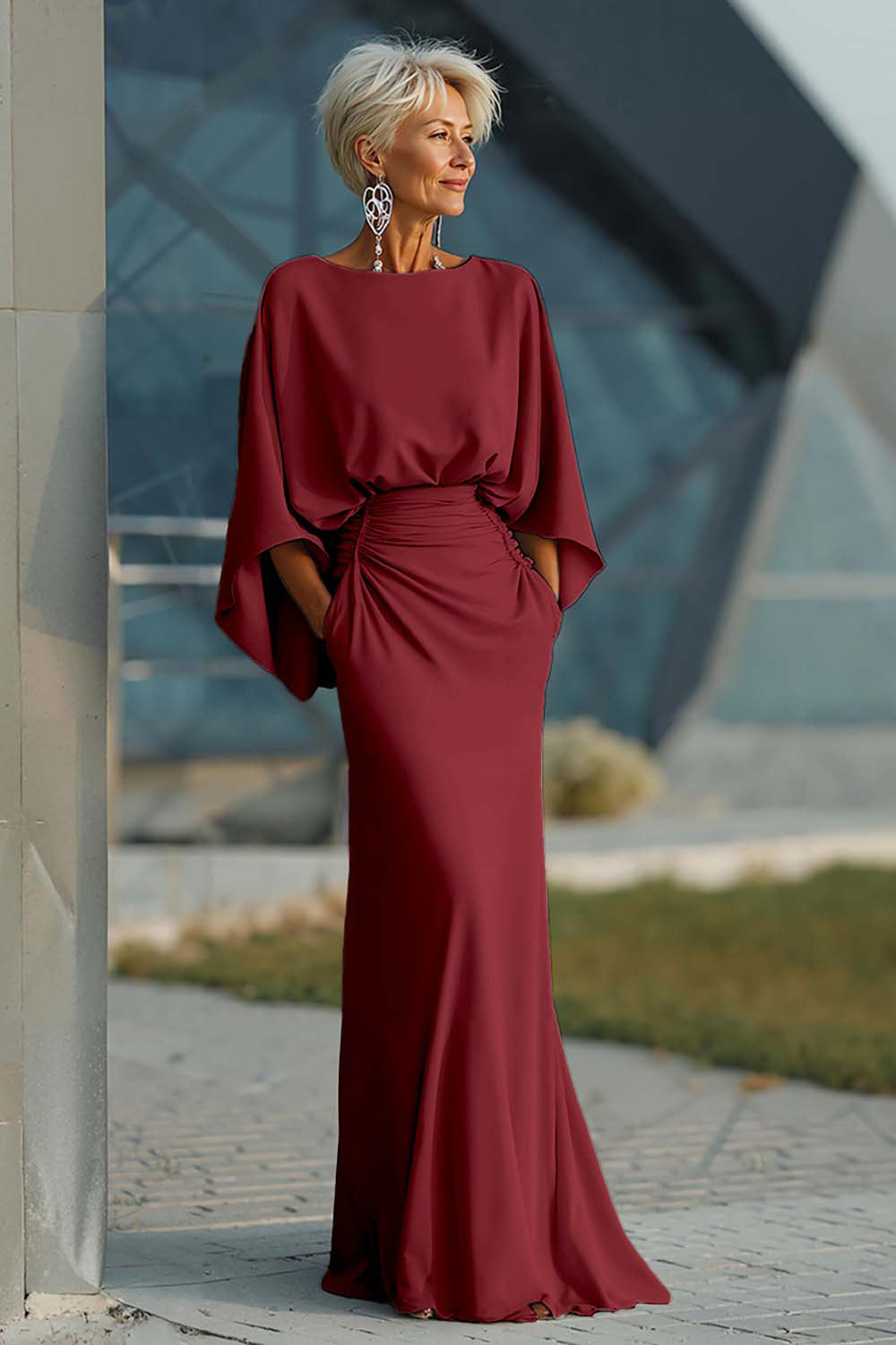 Silver Boat Neck Mermaid Formal Dress with Pockets