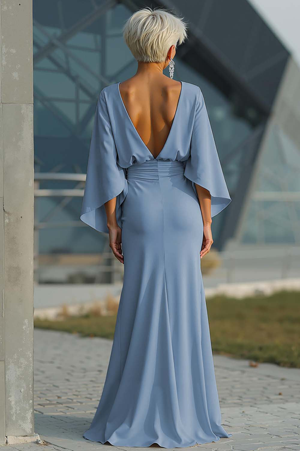 Silver Boat Neck Mermaid Formal Dress with Pockets
