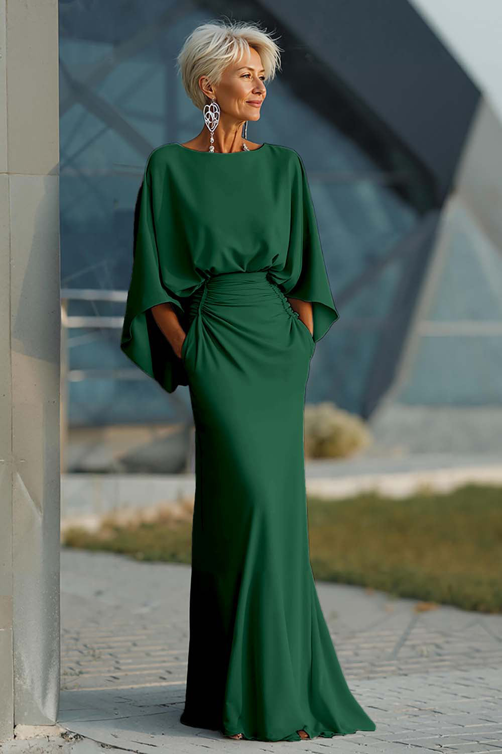 Silver Boat Neck Mermaid Formal Dress with Pockets