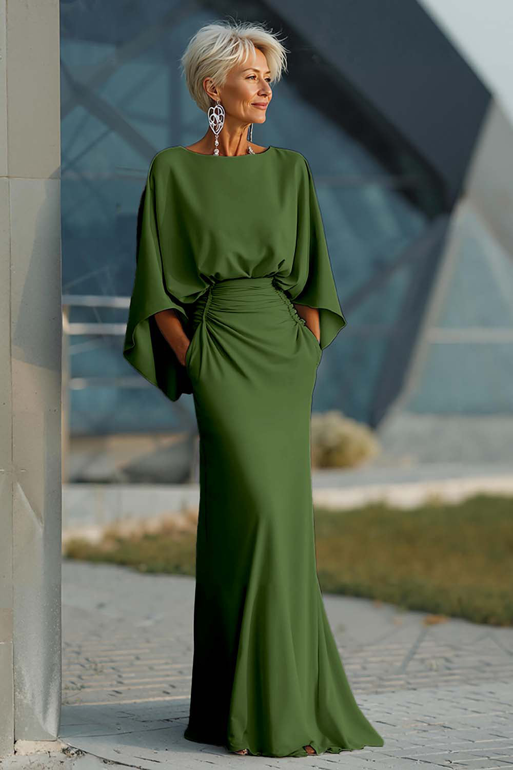 Silver Boat Neck Mermaid Formal Dress with Pockets