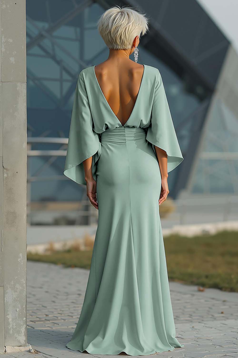 Silver Boat Neck Mermaid Formal Dress with Pockets