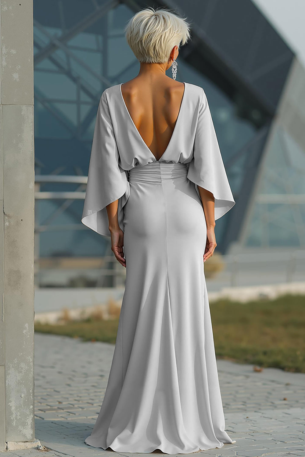 Silver Boat Neck Mermaid Formal Dress with Pockets