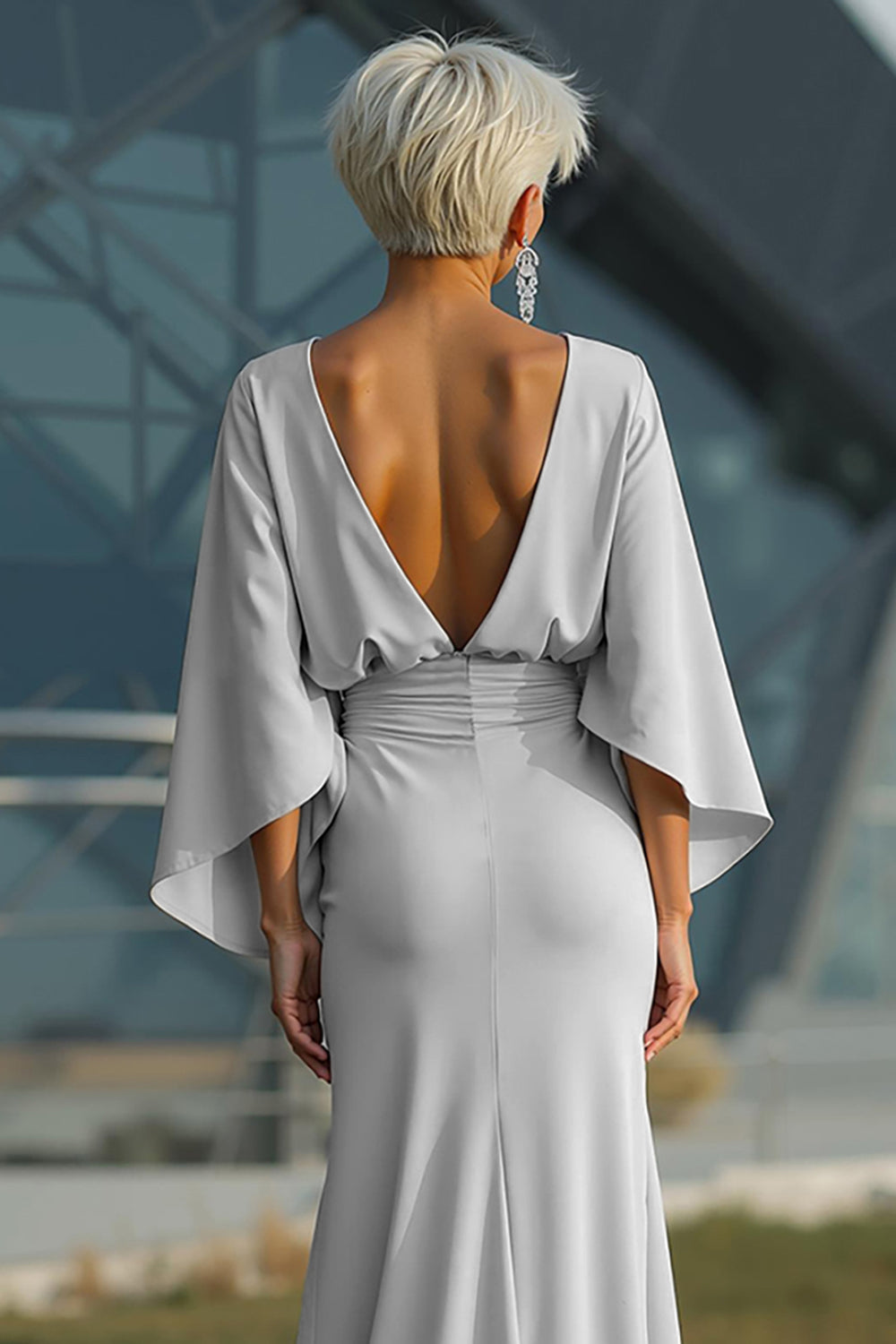 Silver Boat Neck Mermaid Formal Dress with Pockets