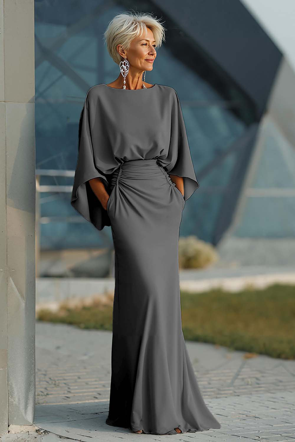 Silver Boat Neck Mermaid Formal Dress with Pockets
