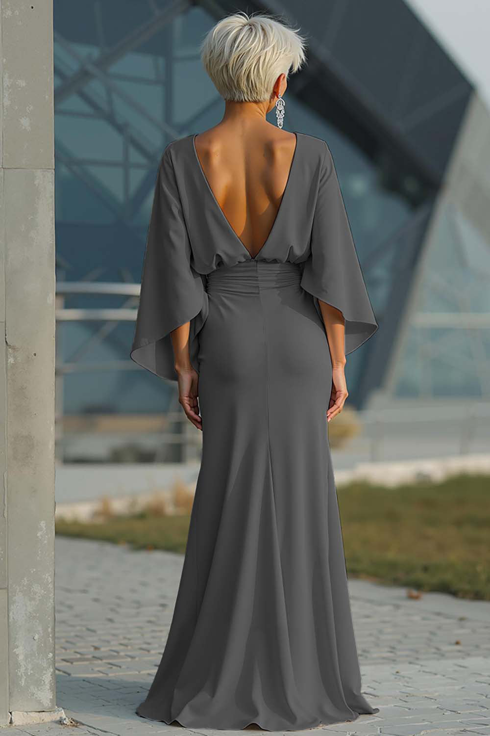 Silver Boat Neck Mermaid Formal Dress with Pockets