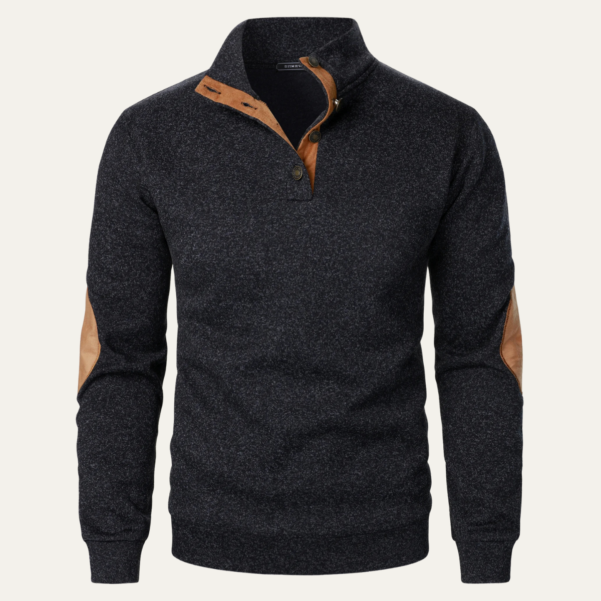 Men's Sweater with Mandarin Collar and Suede Patches