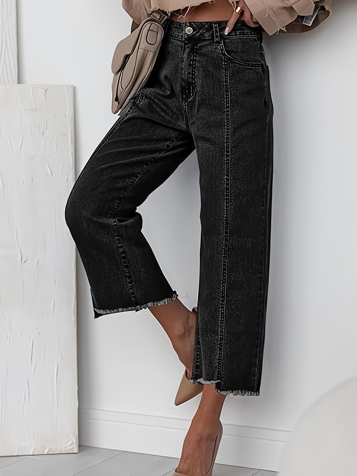 Baggy Jeans a Vita Alta Gamba Dritta Cropped