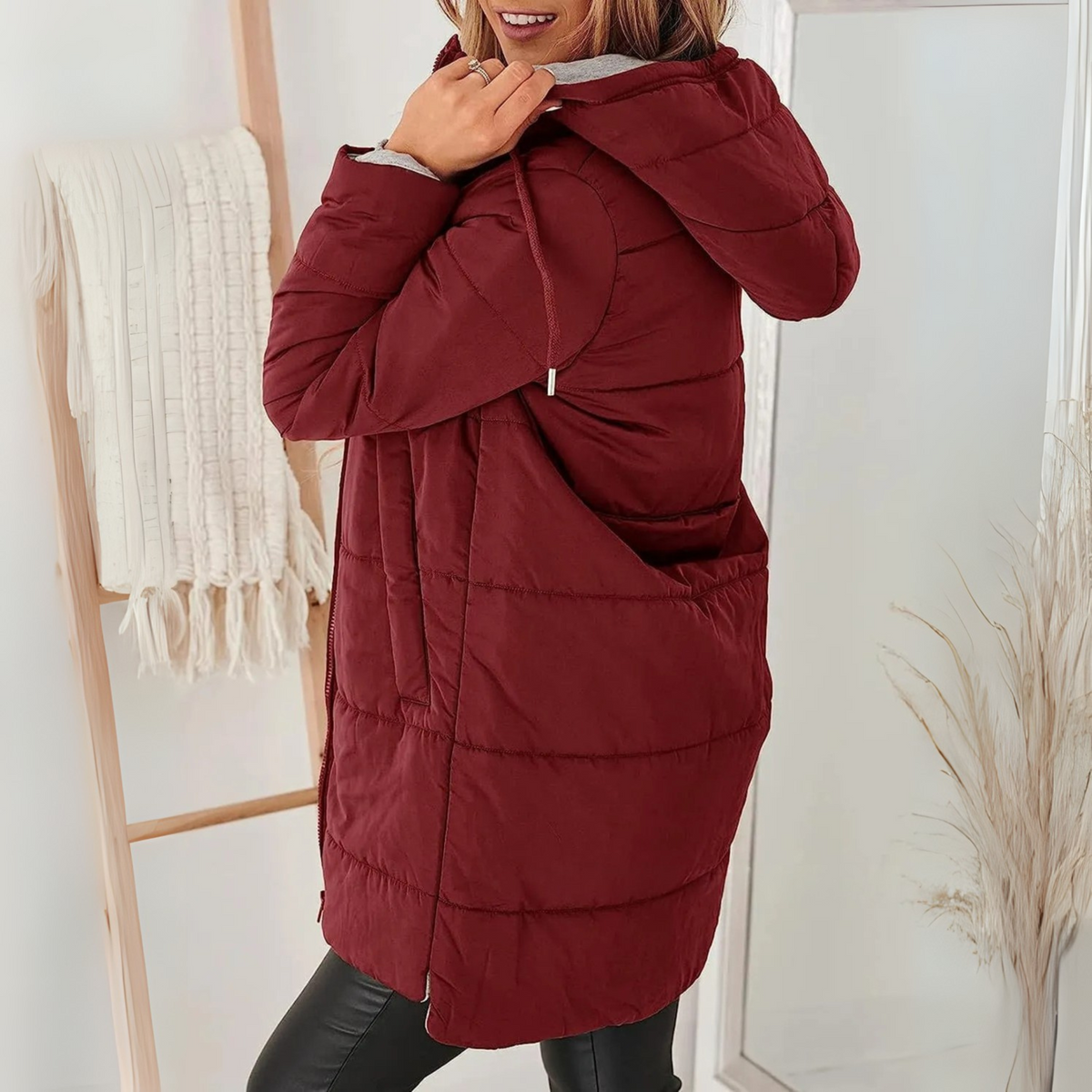 Puffer Jacket Women Quilted Hooded Adjustable Waist
