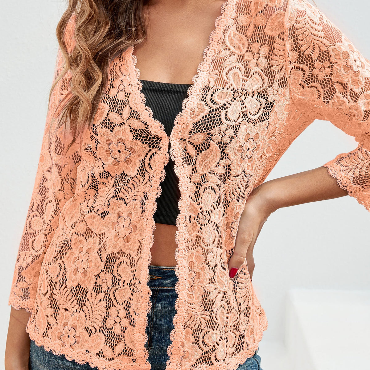 Cardigan Donna Traforato Floreale con Apertura Frontale