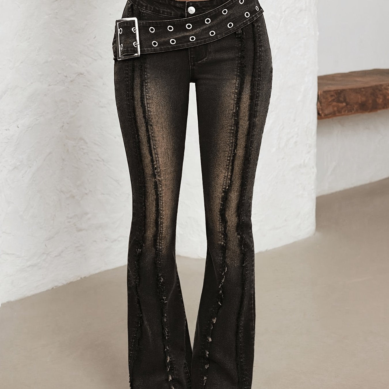 Low Rise Distressed Flare Jeans with Buckle