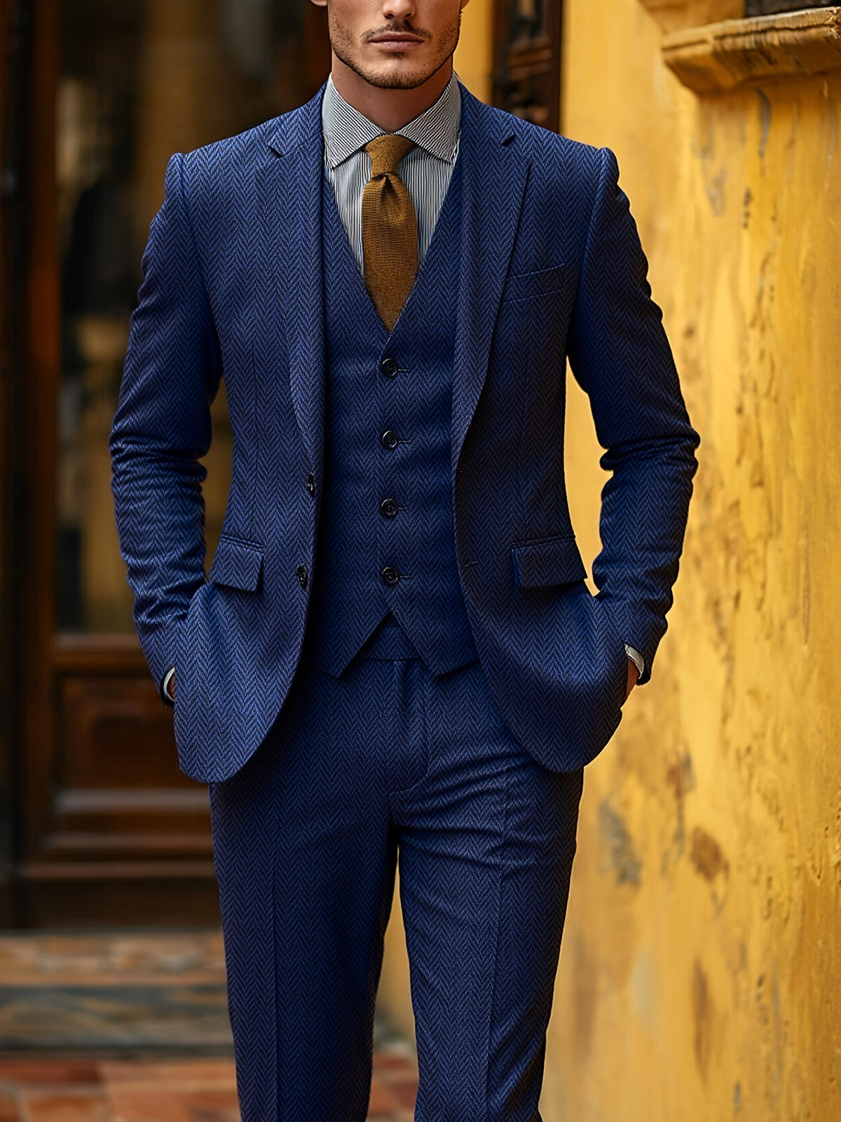 Men's Suit 3-Piece Herringbone Formal Set